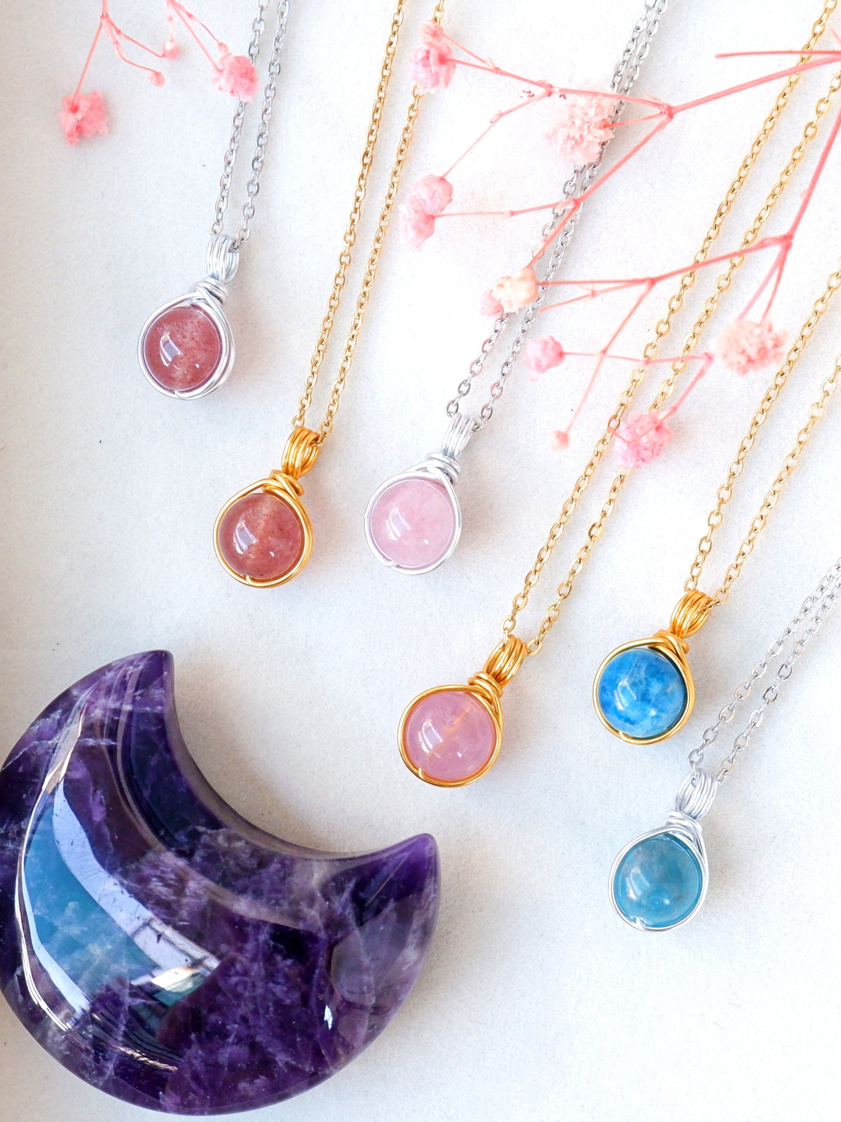 Crystal Dew Necklaces – Madagascar Rose Quartz | Strawberry Quartz | Blue Apatite
