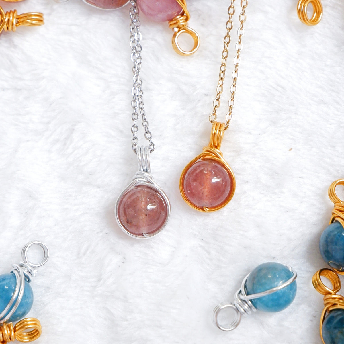 Crystal Dew Necklaces – Madagascar Rose Quartz | Strawberry Quartz | Blue Apatite