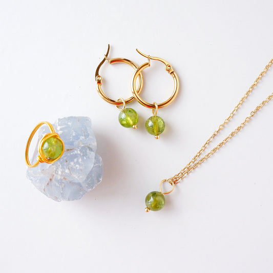 Peridot Crystal Necklace, Ring, Earrings