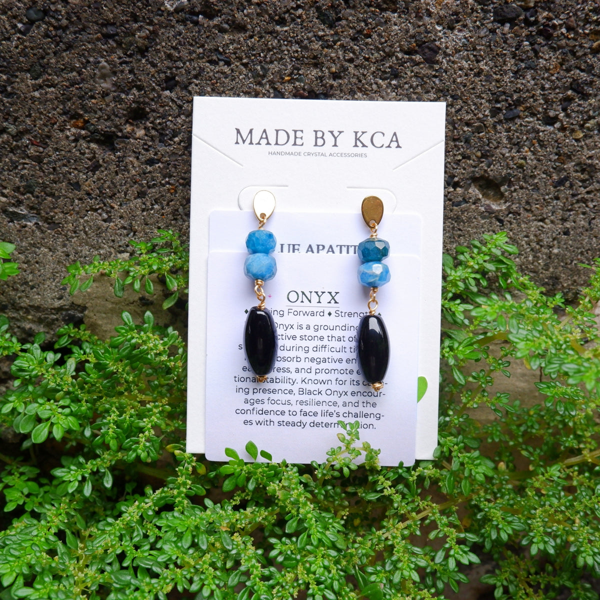 Handmade Crystal Earrings - Blue Apatite and Onyx