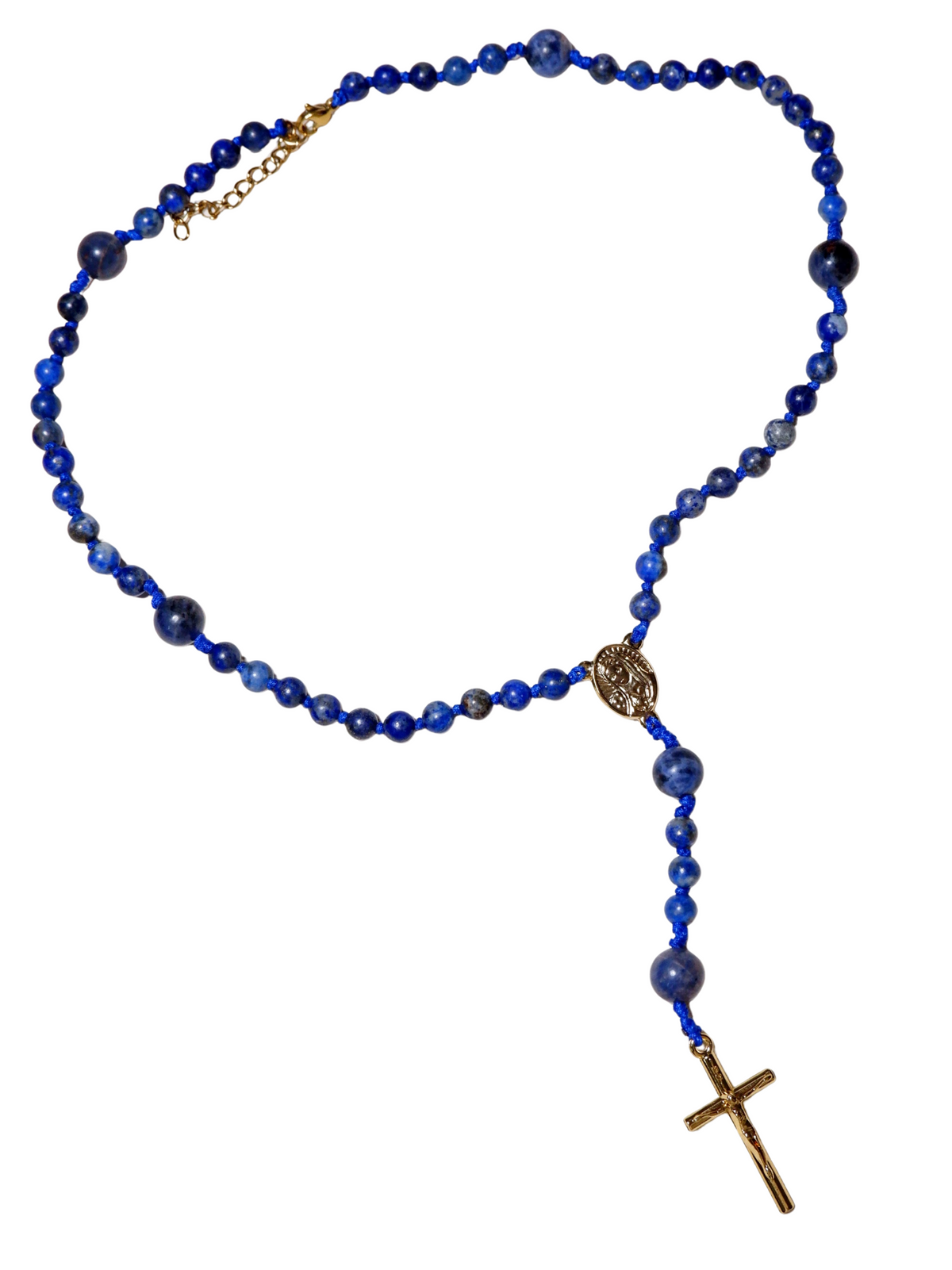 Blue beaded rosary necklace with a gold cross on a white background