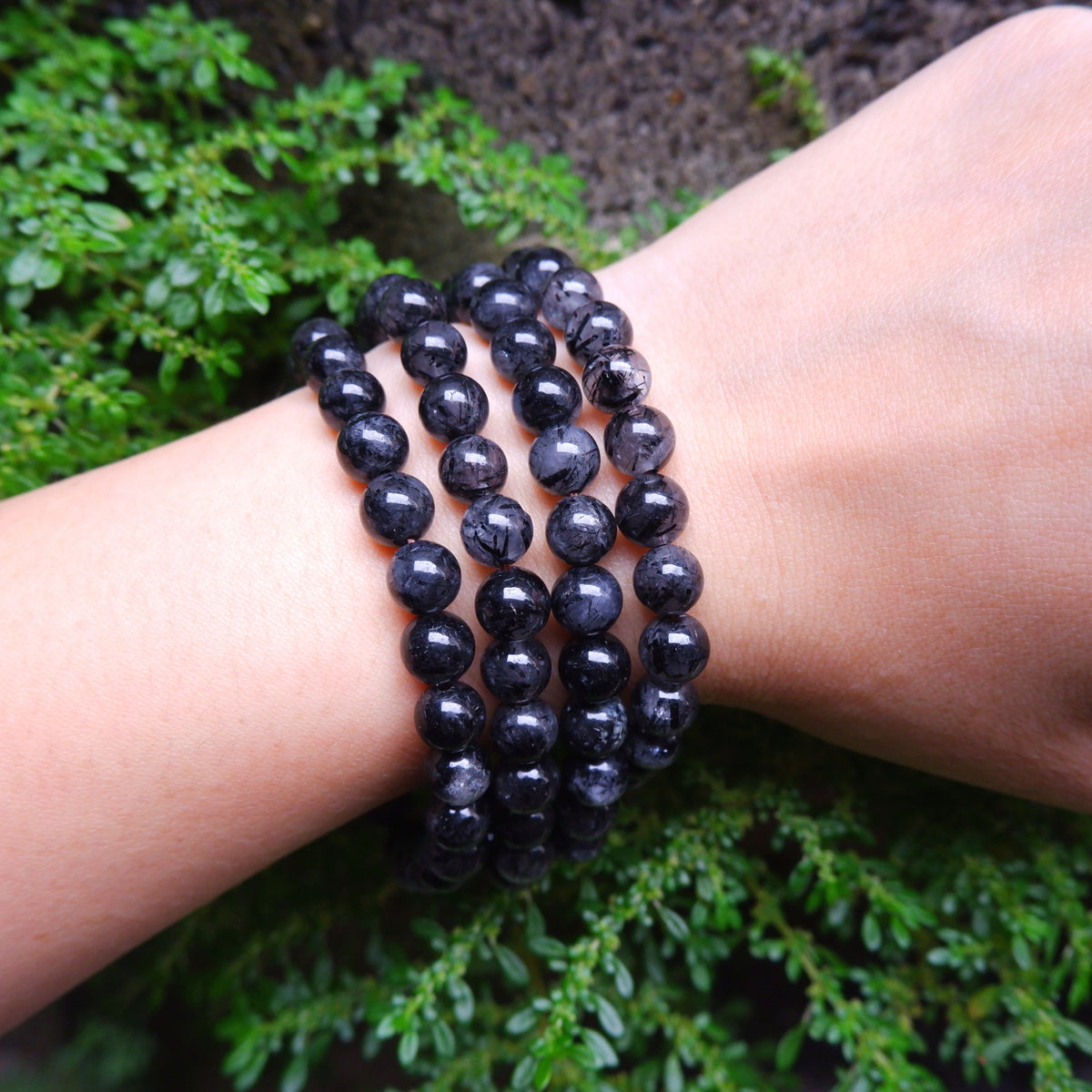 Tourmalinated Quartz | Black Rutile Quartz Crystal Bracelet 7mm & 10mm