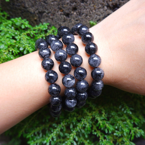Tourmalinated Quartz | Black Rutile Quartz Crystal Bracelet 7mm & 10mm