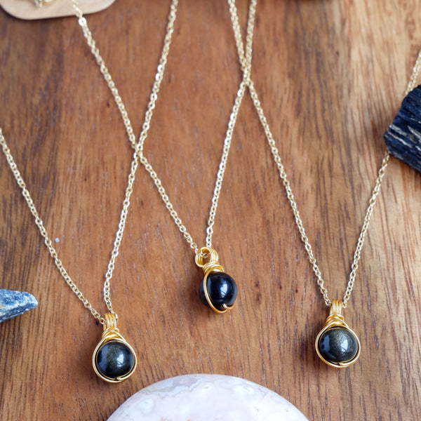 Dew Necklace - Black Obsidian, Gold Sheen
