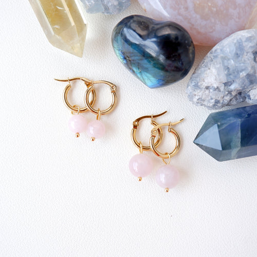 Hoop Earrings and Ear Hugger Earrings - Rose Quartz